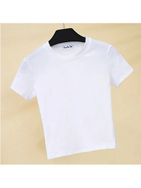 Camiseta corta verde de algodón liso para mujer, cuello redondo, manga corta, cintura alta, ajustada, deportiva.