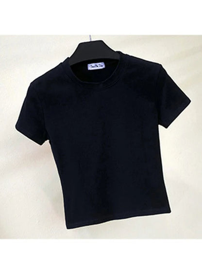 Camiseta corta verde de algodón liso para mujer, cuello redondo, manga corta, cintura alta, ajustada, deportiva.