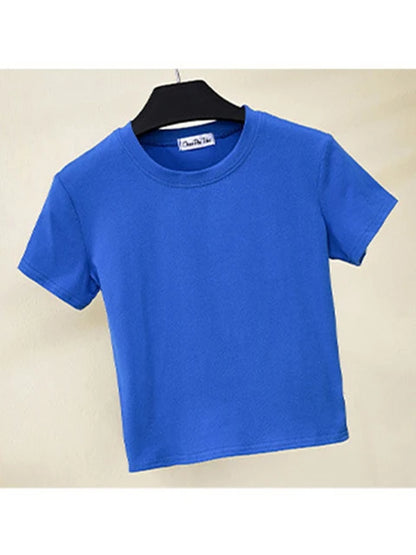 Camiseta corta verde de algodón liso para mujer, cuello redondo, manga corta, cintura alta, ajustada, deportiva.