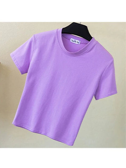 Camiseta corta verde de algodón liso para mujer, cuello redondo, manga corta, cintura alta, ajustada, deportiva.