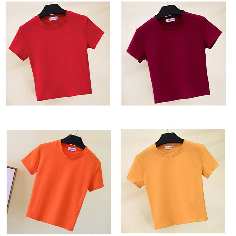 Camiseta corta verde de algodón liso para mujer, cuello redondo, manga corta, cintura alta, ajustada, deportiva.