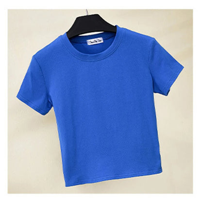 Camiseta corta verde de algodón liso para mujer, cuello redondo, manga corta, cintura alta, ajustada, deportiva.