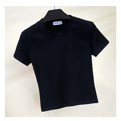 Camiseta corta verde de algodón liso para mujer, cuello redondo, manga corta, cintura alta, ajustada, deportiva.