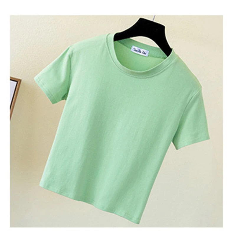 Camiseta corta verde de algodón liso para mujer, cuello redondo, manga corta, cintura alta, ajustada, deportiva.
