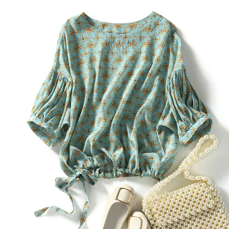 Blusa de gasa estilo primavera-verano para mujer, camisa de media manga con cuello redondo, informal y elegante, SP224