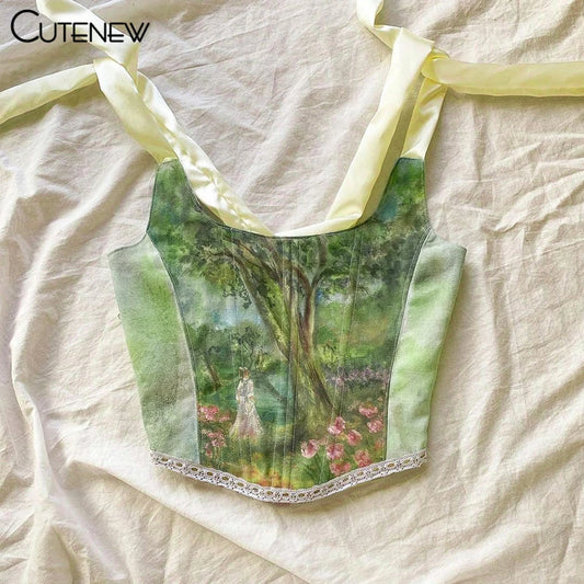 Y2K Vintage Aesthetic Printing Crop Tops Women’s Clothes Summer Sexy Bandage Tank Top Skinny Clubwear Camisole Hot Deals