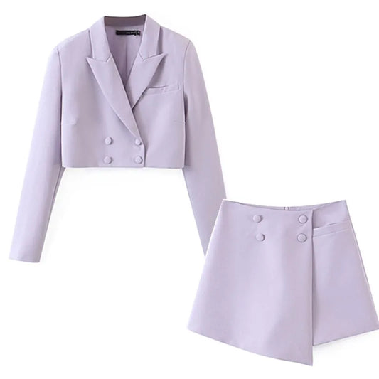 Conjunto de 2 piezas de blazer corto vintage sexy con doble botonadura y botones para mujer, pantalones cortos irregulares de cintura alta y manga larga.