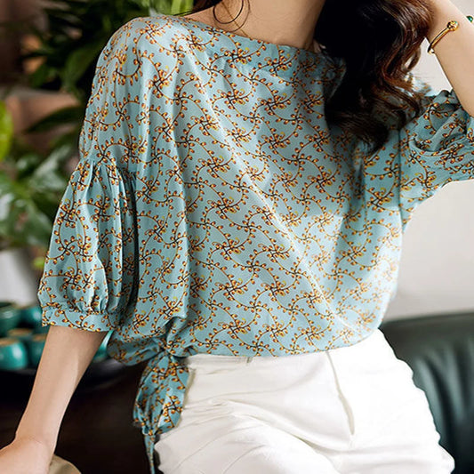 Blusa de gasa estilo primavera-verano para mujer, camisa de media manga con cuello redondo, informal y elegante, SP224