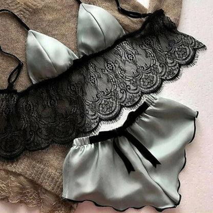 Pijamas de mujer, ropa de dormir sexy con sujetador de encaje, lencería de satén de seda, top corto, conjuntos de sujetador y pantalones cortos, cuello en V, sin mangas, ropa de dormir sin costuras, 2 piezas