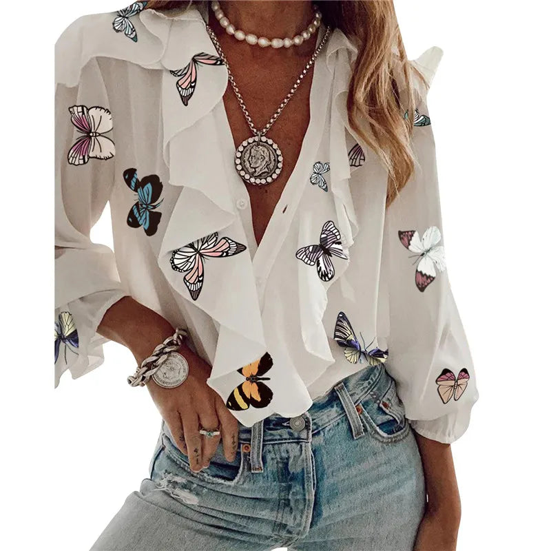 Women Long Sleeve Blouse Elegant V-neck Sexy Shirt Casual Office Ladies Blouses Elegant Woman Clothes Ruffles Shirts