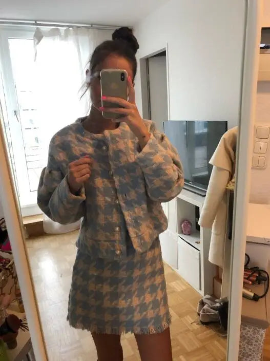 Conjunto de 2 piezas de blazer vintage a cuadros con botones de perla y cuadros vichy para mujer, cintura alta, corte en A, minifalda corta y manga larga