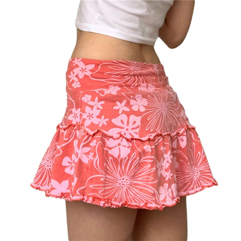 Minifalda de corte A para mujer, estilo años 90, cintura alta, estampado floral, ribete de volantes, por encima de la rodilla, estilo Y2K, ropa de calle