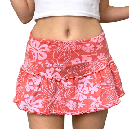 Minifalda de corte A para mujer, estilo años 90, cintura alta, estampado floral, ribete de volantes, por encima de la rodilla, estilo Y2K, ropa de calle