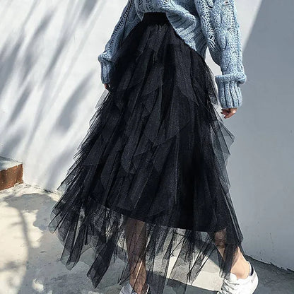 Autumn Winter Vintage Layered Tulle Skirt Women Elastic High Waist Mesh Skirts Long Pleated Tutu Skirt Jupe Longue