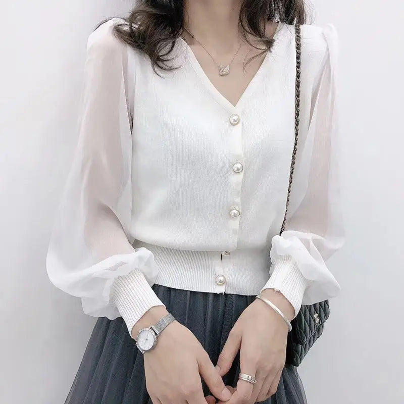 Women’s Spring Autumn Style Blouses Shirt Women’s Knitted Button Long Sleeve Solid Color Lace Patchwork Tops SP820