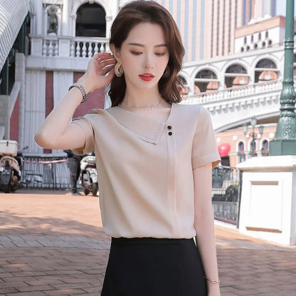 Blusas de gasa estilo primavera-verano para mujer, informales, con cuello asimétrico, manga corta, DF4028