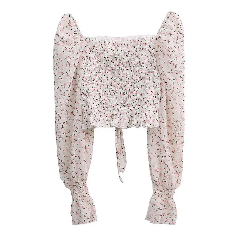 Floral Youth Elegant Blouse Women Crop Top Pretty Blouses Chic Fashion Blouse Shirt For Party  Puff sleeve Off shoulder