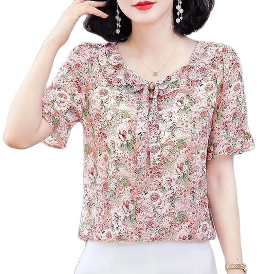 Blusas de gasa estilo primavera-verano para mujer, informales, con mangas cortas acampanadas y cuello de lazo, DF4116