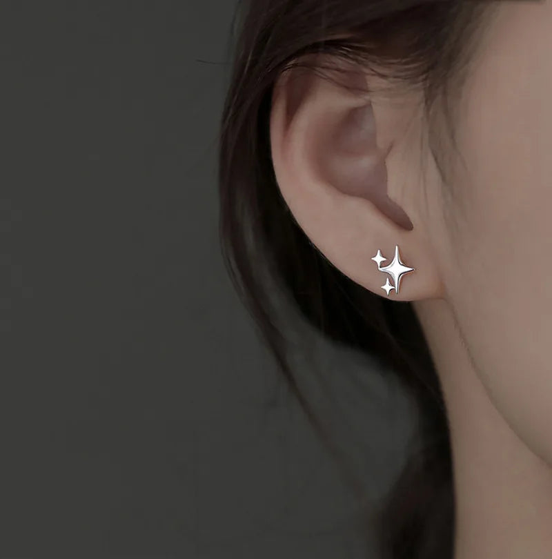 Asymmetric Four-pointed Star Earrings for Women Silver Fairy Stud Jewelry
