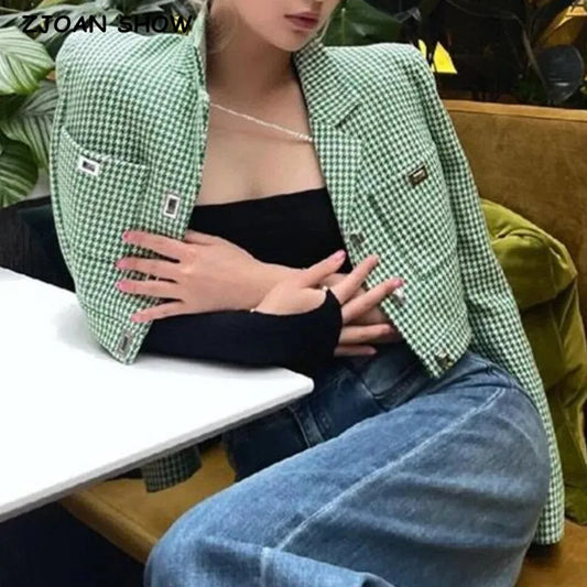 Blazer corto de tejido a cuadros verdes estilo francés retro para mujer, con botones de hebilla de metal con muescas y cintura alta, abrigo corto, ropa de abrigo