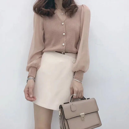 Women’s Spring Autumn Style Blouses Shirt Women’s Knitted Button Long Sleeve Solid Color Lace Patchwork Tops SP820