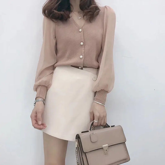 Blusa de mujer estilo primavera otoño, camisa de punto con botones, manga larga, color liso, con encaje y patchwork SP820