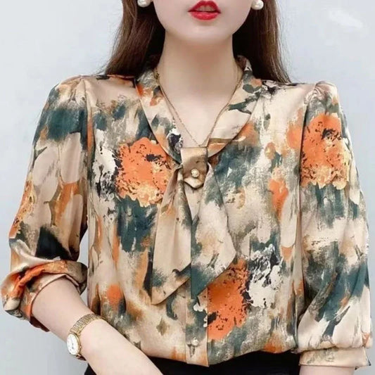 Blusas de gasa estilo primavera-verano para mujer, informales, de media manga, con cuello de lazo, estampadas, DF4198