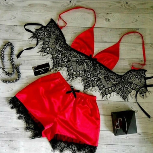 Pijamas de mujer, ropa de dormir sexy con sujetador de encaje, lencería de satén de seda, top corto, conjuntos de sujetador y pantalones cortos, cuello en V, sin mangas, ropa de dormir sin costuras, 2 piezas