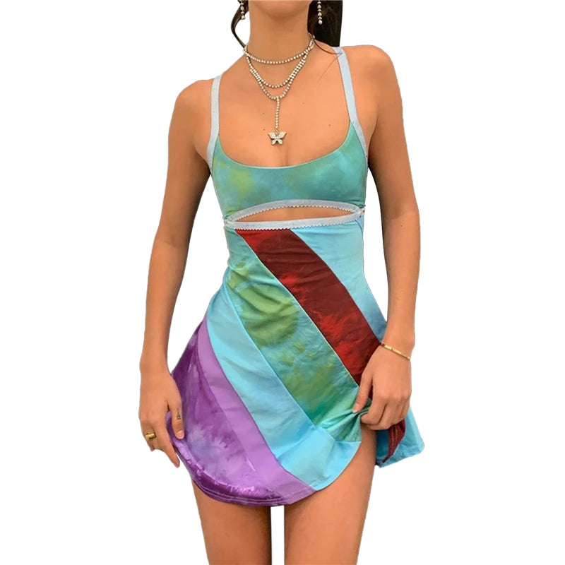 Vestido mini sexy para mujer, sin espalda, con cuello halter, sin mangas, ajustado, para verano, fiesta, playa, estilo urbano Y2K