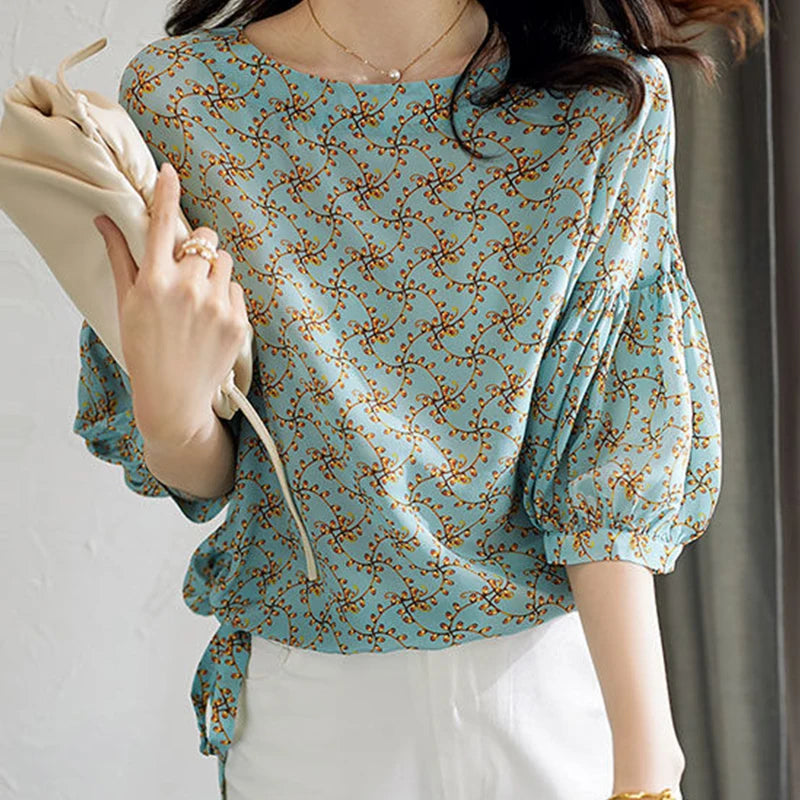 Blusa de gasa estilo primavera-verano para mujer, camisa de media manga con cuello redondo, informal y elegante, SP224