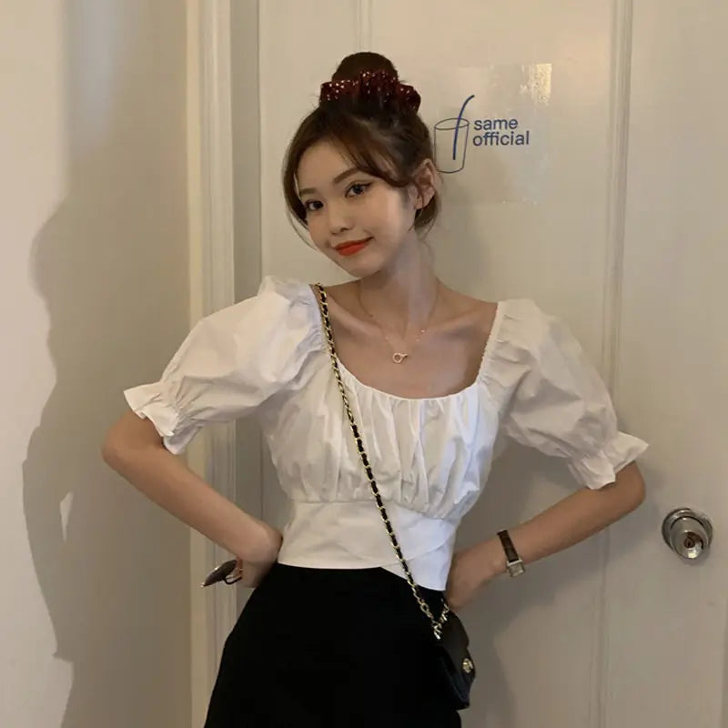 Lace up Backless Top Elegant Youth Woman Blouses Chic Fashion Short sleeve Summer Shirt Low cut Sexy  New