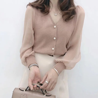 Women’s Spring Autumn Style Blouses Shirt Women’s Knitted Button Long Sleeve Solid Color Lace Patchwork Tops SP820
