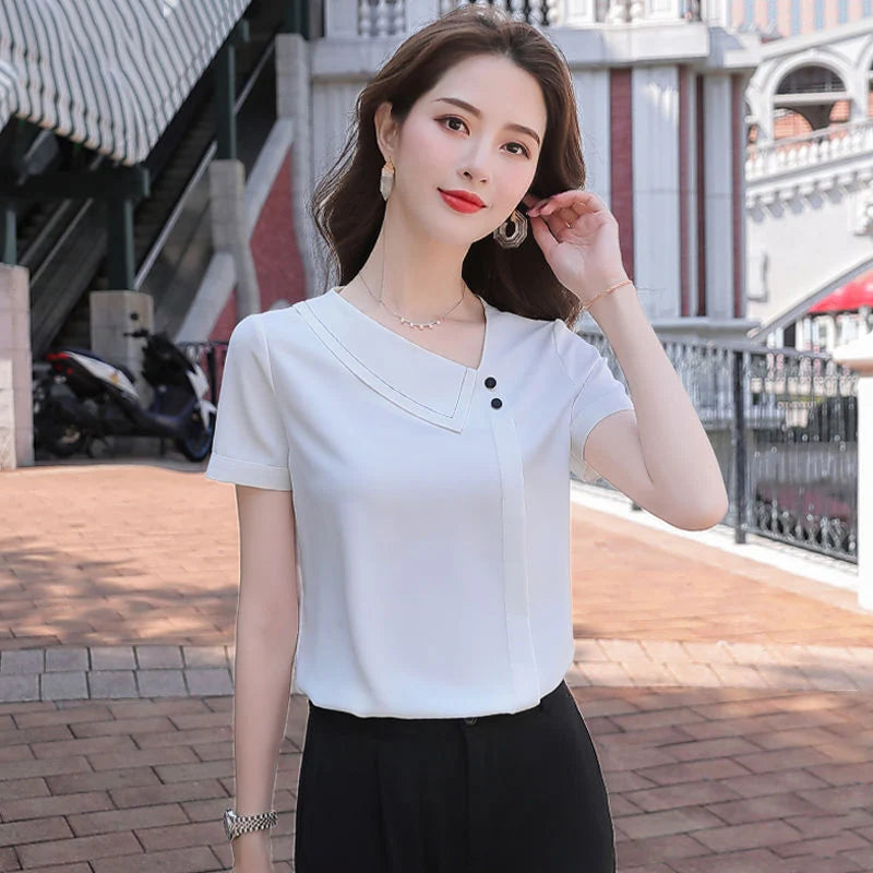 Blusas de gasa estilo primavera-verano para mujer, informales, con cuello asimétrico, manga corta, DF4028