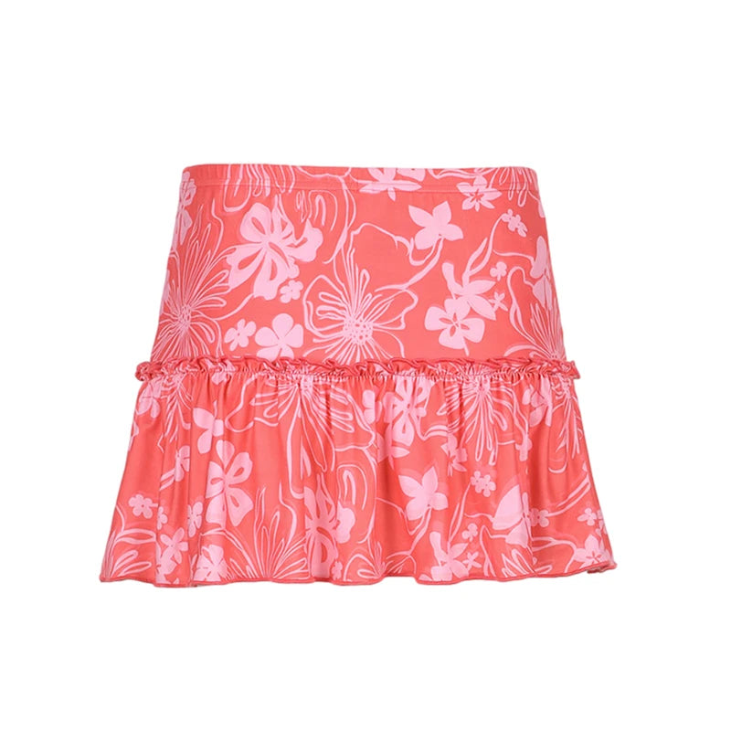 Minifalda de corte A para mujer, estilo años 90, cintura alta, estampado floral, ribete de volantes, por encima de la rodilla, estilo Y2K, ropa de calle