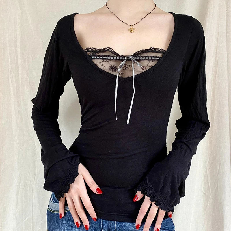 Sexy Lace Patchwork Solid Casual Basic Tshirt Women Vintage Black Long Sleeve Top Tees Cute Pullovers Chic Clubwear