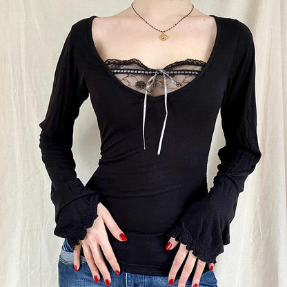Sexy Lace Patchwork Solid Casual Basic Tshirt Women Vintage Black Long Sleeve Top Tees Cute Pullovers Chic Clubwear