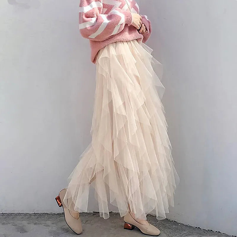 Autumn Winter Vintage Layered Tulle Skirt Women Elastic High Waist Mesh Skirts Long Pleated Tutu Skirt Jupe Longue