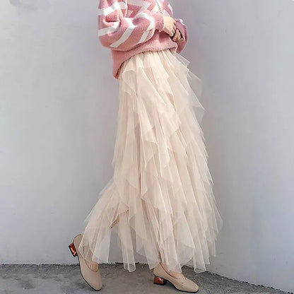 Autumn Winter Vintage Layered Tulle Skirt Women Elastic High Waist Mesh Skirts Long Pleated Tutu Skirt Jupe Longue