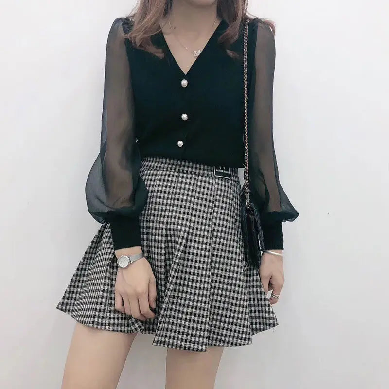Women’s Spring Autumn Style Blouses Shirt Women’s Knitted Button Long Sleeve Solid Color Lace Patchwork Tops SP820