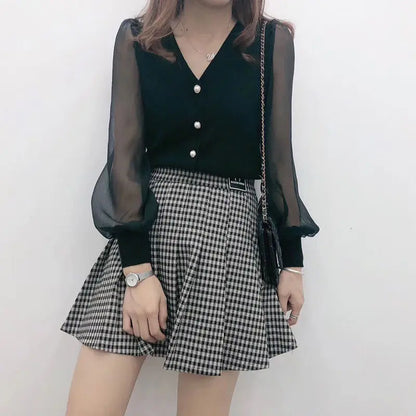 Women’s Spring Autumn Style Blouses Shirt Women’s Knitted Button Long Sleeve Solid Color Lace Patchwork Tops SP820
