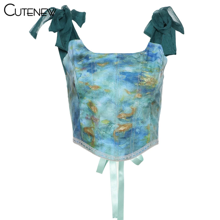 Y2K Vintage Aesthetic Printing Crop Tops Women’s Clothes Summer Sexy Bandage Tank Top Skinny Clubwear Camisole Hot Deals