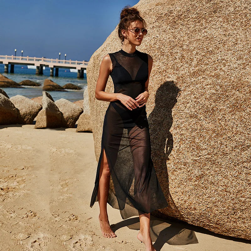 Vamos Todos 2021 Summer Solid Split Woman Dress Sleeveless See Through Beach Sexy Bikini Cover Up Elegant Mesh Black Clothing