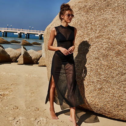 Vamos Todos 2021 Summer Solid Split Woman Dress Sleeveless See Through Beach Sexy Bikini Cover Up Elegant Mesh Black Clothing