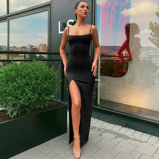 Vestido largo informal de una pieza con cordones y abertura, sin mangas, sexy, de cintura alta, estilo Y2K, para mujer