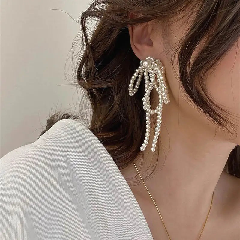Korean Pearl Knot Big Clip Earrings Long Design by Lizakosht