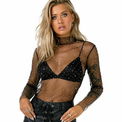 Sexy Women T Shirt See-through Mesh Sheer Long Sleeve Top Black White Clothes with Rhinestone Party Clubwear