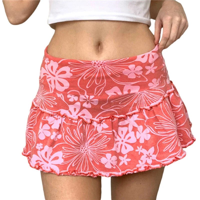 Minifalda de corte A para mujer, estilo años 90, cintura alta, estampado floral, ribete de volantes, por encima de la rodilla, estilo Y2K, ropa de calle