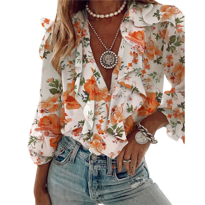 Women Long Sleeve Blouse Elegant V-neck Sexy Shirt Casual Office Ladies Blouses Elegant Woman Clothes Ruffles Shirts