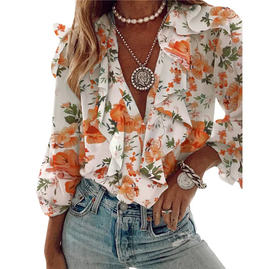 Blusa de manga larga para mujer, elegante, con cuello en V, sexy, informal, para oficina, con volantes