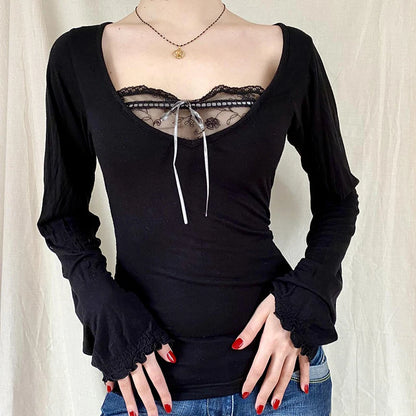 Sexy Lace Patchwork Solid Casual Basic Tshirt Women Vintage Black Long Sleeve Top Tees Cute Pullovers Chic Clubwear